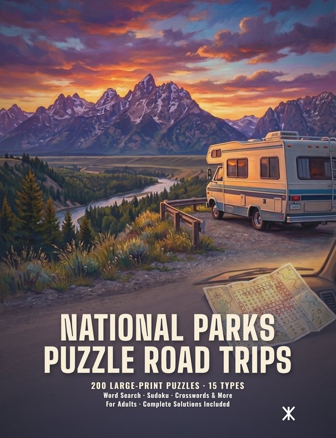 National Parks Puzzle Road Trips, puzzle book cover by Kinnik Grid